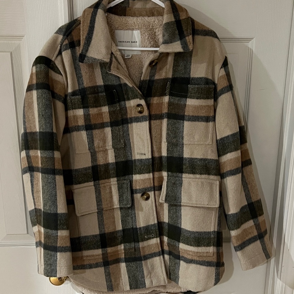 American Eagle Tan and Black Plaid Teddy Jacket